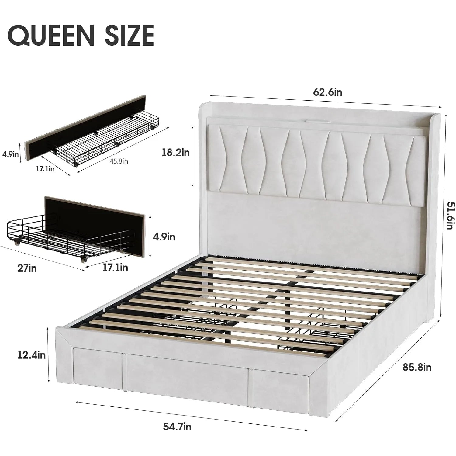 Queen Size Bed Frame with LED Light and 3 Drawers Storage - WORLDZii