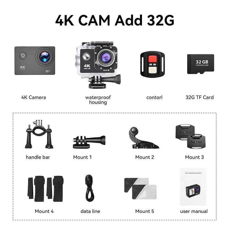 Null 4K Outdoor WiFi Action Camera Helmet Video Recording 4K/30FPS WiFi 2.0" 170DGPS 4X Zoom Underwater Waterproof Sports Camera
