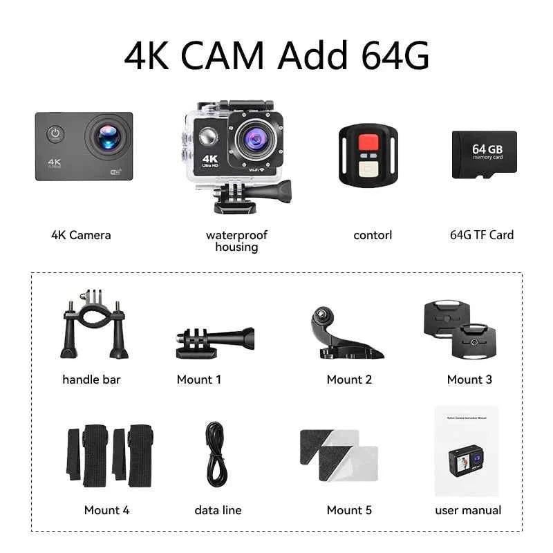 Null 4K Outdoor WiFi Action Camera Helmet Video Recording 4K/30FPS WiFi 2.0" 170DGPS 4X Zoom Underwater Waterproof Sports Camera