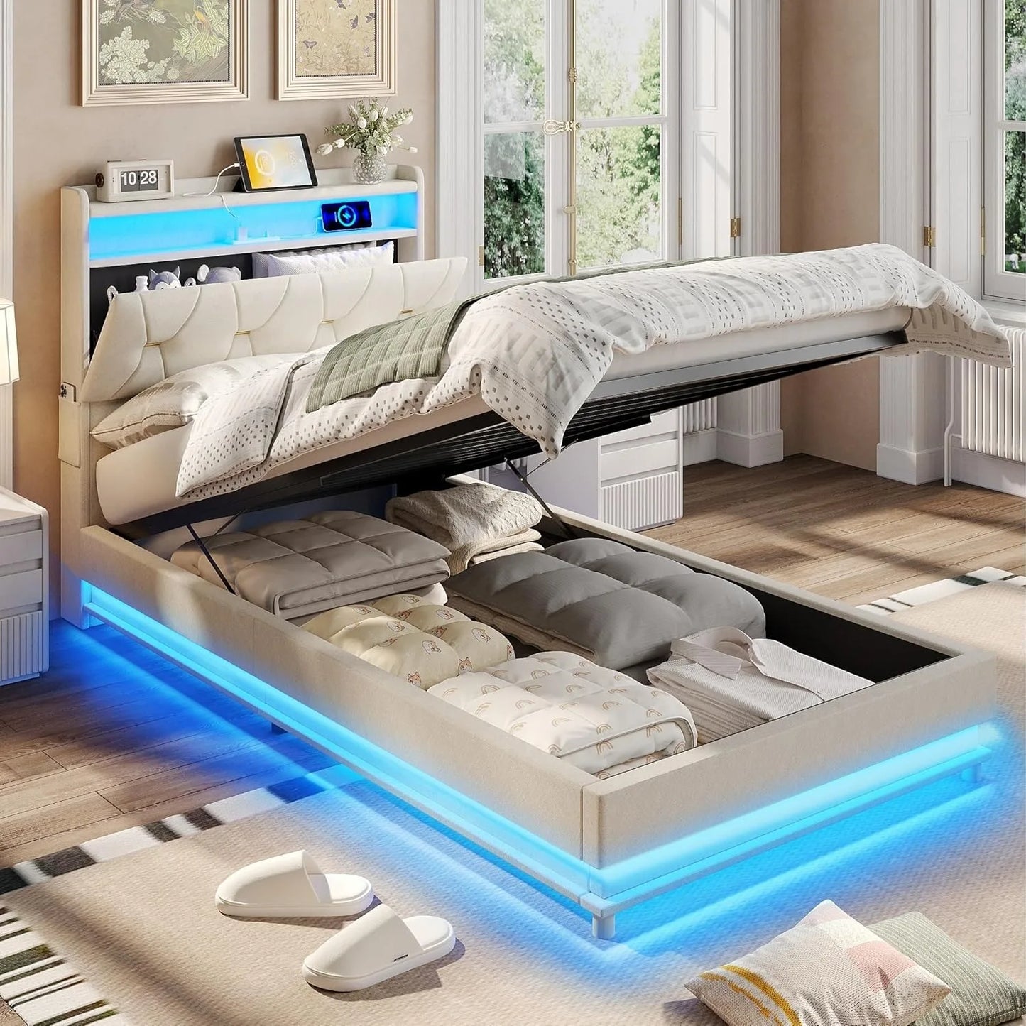 Twin Size Lift Up Storage Bed Frame with LED Lights Upholstered - WORLDZii