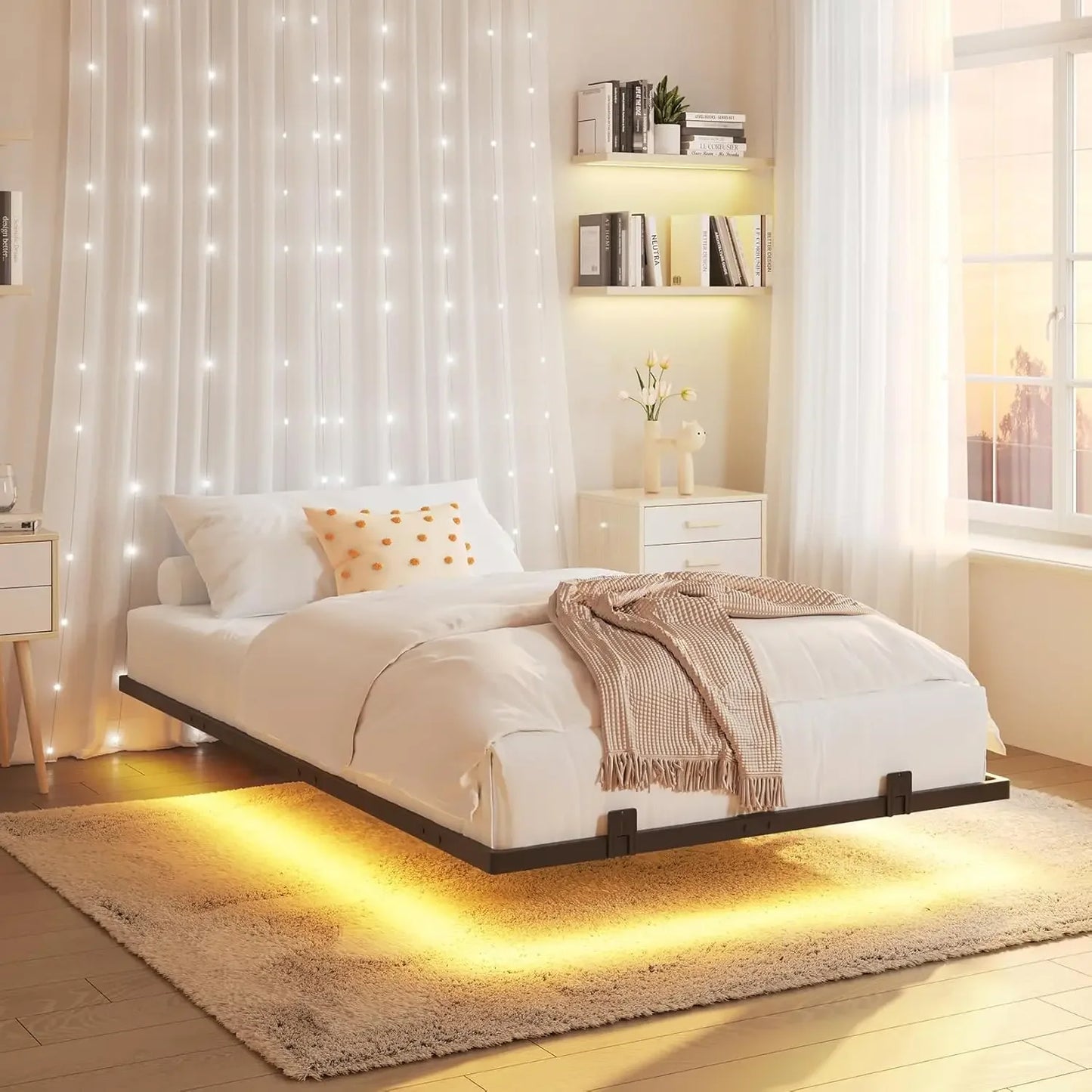Floating Bed Frame with RGB LED Lights and Type-C & USB Ports - WORLDZii