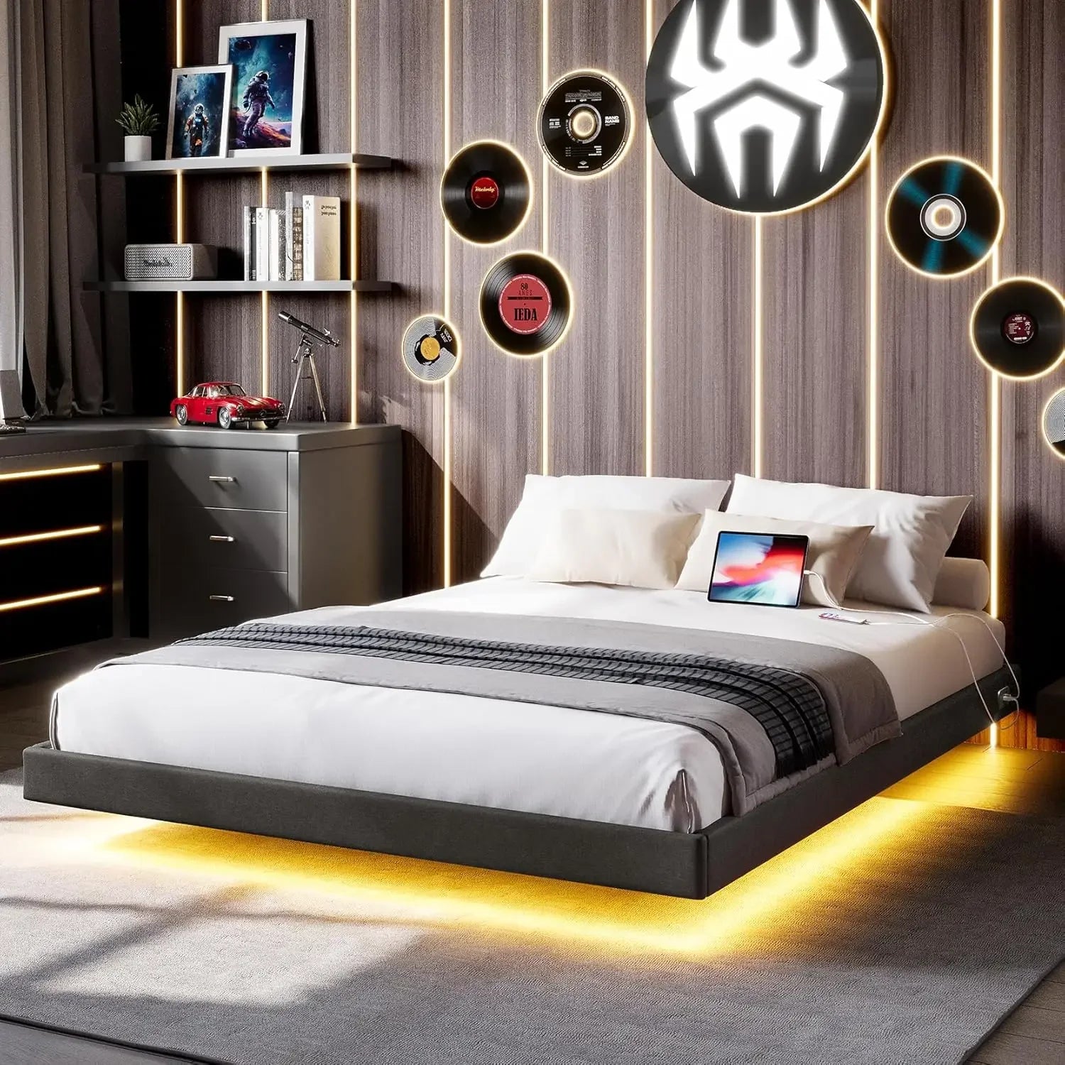 Floating Bed Frame with RGB LED Lights and Type-C & USB Ports - WORLDZii